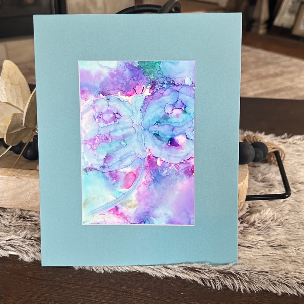 Handmade fashion Abstract blue butterfly alcohol ink painting